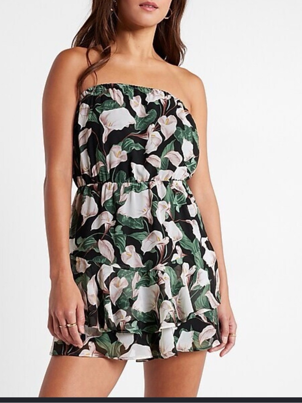 Express Strapless Green Floral Ruffle Mini - Picture 2 of 8